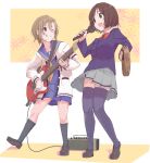  2girls absurdres bangs black_socks black_thighhighs blazer blue_eyes blue_jacket blue_sailor_collar blue_skirt bow bowtie breasts brown_footwear buttons cardigan collar green_eyes grey_skirt grin guitar hair_between_eyes hand_up highres holding holding_microphone idolmaster idolmaster_cinderella_girls instrument jacket kneehighs legs long_sleeves looking_at_another maekawa_miku medium_breasts microphone multiple_girls music neckerchief one_eye_closed open_cardigan open_clothes playing_instrument pleated_skirt red_bow red_bowtie ryus sailor_collar school_uniform serafuku shoes short_hair simple_background singing skirt smile socks tada_riina tambourine thighhighs thighs uniform v-shaped_eyebrows white_cardigan white_collar wing_collar yellow_neckerchief zettai_ryouiki 