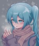  1girl absurdres bangs blue_eyes blue_hair blush breath breathing_on_hands hatsune_miku highres jacket kumada_gaon long_hair long_sleeves nail_polish open_mouth plaid plaid_scarf scarf sleeves_past_wrists snowing solo twintails vocaloid winter winter_clothes 