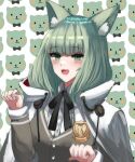  1girl :d animal_ear_fluff animal_ears arknights bangs black_ribbon blue_sealad blush cape cardigan cat_ears commentary fang green_eyes green_hair grey_cardigan harmonie_(arknights) highres long_hair long_sleeves looking_at_viewer neck_ribbon open_mouth ribbon smile solo upper_body white_background white_cape 