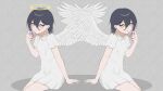  2girls absurdres angel angel_wings bangs black_hair blush collared_dress dangle_earrings dress dual_persona earrings frown grin halo highres index_finger_raised jewelry kumada_gaon looking_at_viewer multiple_girls original short_hair short_sleeves sitting slit_pupils smile symmetry wings yellow_eyes 