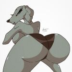  anthro big_breasts big_butt black_clothin black_clothing black_thong black_underwear blue_eyes breasts brown_nose butt canid canine canis clothing domestic_dog female glistening glistening_body grey_body looking_at_viewer looking_back mammal rear_view rentressy simple_background solo thong underwear weimaraner white_background 