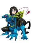 1girl absurdres adapted_costume all_fours altronage armor asui_tsuyu beast_wars beast_wars:_transformers black_eyes black_footwear black_hair blue_bodysuit blue_gloves bodysuit boku_no_hero_academia boots commission frog_girl gloves highres long_hair long_tongue low_ponytail pauldrons poison_dart_frog ponytail predacon shoulder_armor shoulder_pads spittor squatting stamp_mark thigh_boots tongue tongue_out transformers very_long_hair 