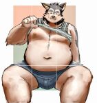  2022 anthro belly big_belly blush bulge canid canine canis clothed clothing clothing_lift domestic_dog kemono male mammal moobs navel nipples overweight overweight_male shirt shirt_lift sitting solo sur12ta_(artist) topwear underwear 