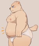  2022 anthro blue_eyes bulge chest_tuft clothed clothing fingers fur fur_tuft male mammal moki monotone_body monotone_fur monotone_tail navel overweight overweight_anthro overweight_male side_view simple_background tuft underwear underwear_only 