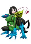 1girl absurdres adapted_costume all_fours altronage armor asui_tsuyu beast_wars beast_wars:_transformers black_eyes black_footwear black_hair blue_gloves bodysuit boku_no_hero_academia boots commission frog_girl gloves green_bodysuit highres long_hair long_tongue low_ponytail pauldrons poison_dart_frog ponytail predacon shoulder_armor shoulder_pads spittor squatting stamp_mark thigh_boots tongue tongue_out transformers very_long_hair 
