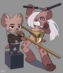  3_toes 4_fingers absurd_res anthro black_nose bottomwear brass_instrument breasts claws clenched_teeth clothed clothing digital_media_(artwork) duo feet female fingers frown fur hair hair_over_eye hi_res holding_musical_instrument holding_object hoodie hyaenid jk_(kemokin_mania) kemokin_mania looking_at_viewer male mammal melee_weapon musical_instrument navel nude nunchaku one_eye_obstructed pawpads playing_music purple_eyes shirt simple_background spots spotted_hyena teeth toe_claws toes topwear trombone tuft weapon wind_instrument 