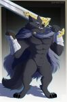  2022 abs absurd_res anthro biped black_body black_fur black_sclera blaidd_(elden_ring) blue_eyes canid canine canis cloak cloak_only clothing digital_media_(artwork) digitigrade elden_ring eyebrows featureless_crotch fromsoftware fur glistening glistening_eyes hi_res leo-wolf male mammal melee_weapon mostly_nude muscular muscular_anthro muscular_male pecs pose scar smile solo standing sword teeth video_games weapon wolf 