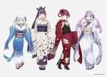  4girls bangs black_footwear blue_eyes blue_footwear blue_hair blue_kimono blue_nails boots braid brown_eyes brown_hair claw_pose commentary_request fish_tail floral_print fur_collar gawr_gura gradient_hair grey_background hair_rings heterochromia high_heel_boots high_heels highres hololive hololive_english houshou_marine japanese_clothes kimono long_sleeves minato_aqua multicolored_hair multiple_girls nail_polish ninomae_ina&#039;nis obi official_art pink_hair ponytail print_kimono purple_eyes purple_hair red_eyes red_footwear red_hair red_kimono sash shark_girl shark_tail simple_background socks streaked_hair striped striped_kimono tabi tail tentacle_hair twin_braids twintails two-tone_hair vertical-striped_kimono vertical_stripes watermark white_hair white_kimono white_socks wide_sleeves yomu_(sgt_epper) zouri 