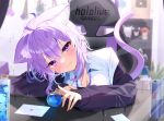  1girl absurdres ahoge animal_ears breasts can cat_ears cat_tail cellphone chair character_doll cleavage gaming_chair head_tilt herbarium highres hololive letter nekomata_okayu phone purple_eyes purple_hair rei_(rei_9146) smartphone smile tail virtual_youtuber youtube_creator_award 