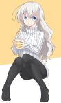  1girl ahoge bangs black_pantyhose blue_eyes coffee_mug commentary_request cup full_body grey_hair hair_down highres holding holding_cup invisible_chair kizuna_akari legs long_hair long_sleeves looking_at_viewer mug no_pants no_shoes pantyhose parted_lips ribbed_sweater sena_kizahashi sitting solo sweater turtleneck voiceroid white_sweater 