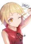  aged_down armpits artist_name bangs bare_shoulders black_ribbon blonde_hair blunt_bangs breasts close-up commentary floating_hair highres kizumonogatari light_smile looking_at_viewer monogatari_(series) one_eye_closed oshino_shinobu pointy_ears portrait red_shirt ribbon selerio3 shirt short_hair signature simple_background sleeveless sleeveless_shirt small_breasts smile upper_body v white_background yellow_eyes 