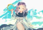  1girl ;) blue_eyes blue_sky closed_mouth cloud cloudy_sky commentary_request dress grey_hair highres holding holding_hoop hoop kumoi_ichirin long_sleeves looking_at_viewer one_eye_closed outdoors remyaruku65 short_hair sitting sky smile solo touhou white_background white_dress 