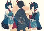  1girl :d absurdres bangs bare_shoulders black_hair blue_eyes blush closed_eyes english_commentary flat_chest from_behind highres horns japanese_clothes jewelry kimono koi_(sui_(suizilla)) multiple_views necklace oni oni_horns original own_hands_clasped own_hands_together pointy_ears short_hair short_kimono simple_background smile sui_(suizilla) 