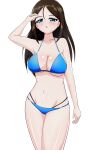  1girl bangs bikini black_hair blue_bikini blue_eyes blush breasts cleavage commentary_request cowboy_shot earlobe1514366 girls_und_panzer girls_und_panzer_gekijouban groin half-closed_eyes halterneck hand_on_own_head highres large_breasts long_hair looking_at_viewer multi-strapped_bikini navel nonna_(girls_und_panzer) official_alternate_costume parted_lips partial_commentary simple_background solo standing string_bikini swept_bangs swimsuit white_background 