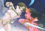  2girls barsoom black_hair brown_hair colored_skin commentary crown fanfic fantasy fighting highres holding holding_sword holding_weapon long_hair multiple_girls nude original poi_po_poi rapier red_skin science_fiction short_hair sword weapon yuri 