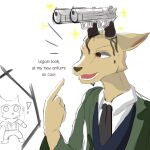  1:1 anthro beastars blueberrythefoxz brown_eyes clothed clothing deeeer_simulator dialogue duo english_text fur gun hi_res legoshi_(beastars) louis_(beastars) male necktie open_mouth ranged_weapon tan_body tan_fur text weapon 