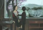  1boy 1girl black_hair breast_grab cherry_blossoms desk grabbing highres hill looking_away original scenery school_uniform season_(artist) short_hair table tree window 