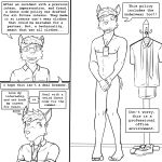  1:1 anthro black_and_white clothed clothed/nude clothed_male_nude_male clothing collared_shirt comic covering covering_crotch dialogue duo english_text eyewear felid fully_clothed fuze glasses hi_res lanyard male mammal monochrome navel necktie nipples nude text 