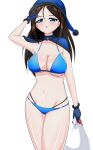  1girl bangs bikini black_hair blue_bikini blue_capelet blue_eyes blue_gloves blue_headwear blue_santa_costume blush breasts capelet christmas cleavage commentary_request cowboy_shot earlobe1514366 fur-trimmed_capelet fur-trimmed_gloves fur_trim girls_und_panzer girls_und_panzer_gekijouban gloves groin half-closed_eyes halterneck hand_on_own_head hat highres holding holding_sack large_breasts long_hair looking_at_viewer multi-strapped_bikini navel nonna_(girls_und_panzer) official_alternate_costume parted_lips partial_commentary sack santa_costume santa_gloves santa_hat simple_background solo standing string_bikini swept_bangs swimsuit white_background 