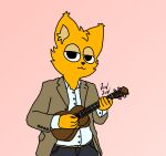  anthro blazer canid canine clothed clothing fox fur gradient_background jun_jun jun_jun_(character) lute lycalopex male male/male mammal musical_instrument orange_body orange_fur pampas_fox playing_music plucked_string_instrument simple_background simple_coloring simple_eyes smile solo string_instrument toony ukulele 