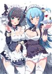  2girls :3 absurdres animal_ears apron aqua_eyes azur_lane bangs black_dress black_hair blue_hair blunt_bangs blush breast_press breasts brown_eyes character_request cheshire_(azur_lane) cocktail_glass commentary cup detached_collar dress drinking_glass eggman_(pixiv28975023) fake_animal_ears garter_straps hair_ornament highres holding holding_tray large_breasts looking_at_viewer maid maid_apron maid_headdress multicolored_hair multiple_girls one_eye_closed open_mouth smile solo streaked_hair thighhighs tongue tongue_out tray two-tone_hair v water_drop white_background white_thighhighs 