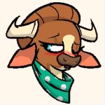  2019 2_horns anonymous_artist black_outline blue_eyes blush bovid bovid_horn bovine brown_body brown_fur brown_hair brown_nose bust_portrait cattle digital_media_(artwork) eyebrows eyelashes female feral fur green_kerchief green_neckerchief hair hair_bun hereford_cattle horn kerchief looking_back low_res madison_(tfh) mammal multicolored_body multicolored_fur neckerchief one_eye_closed open_mouth outline pattern_kerchief pattern_neckerchief pixel_(artwork) portrait raised_eyebrow simple_background solo spotted_kerchief spotted_neckerchief them&#039;s_fightin&#039;_herds two_tone_body two_tone_face two_tone_fur white_background wink 