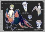  1boy bird_boy bird_tail bird_wings black_background black_choker blue_wings choker claws closed_mouth feathered_wings full_body green_hair hand_on_hip looking_to_the_side male_focus monster_boy multicolored_wings multiple_views nude orange_wings original phieumpratensl red_eyes reference_sheet short_hair standing tail taur wings 
