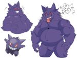  anthro belly biceps fan_character fur generation_1_pokemon gengar hi_res laugh lewdookami looking_at_viewer male muscular muscular_male navel nintendo pokemon pokemon_(species) purple_body red_eyes sharp_teeth slightly_chubby solo teeth tongue tongue_out video_games 
