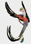 1boy arm_up bird_boy bird_tail bird_wings black_choker choker claws closed_mouth feathered_wings flying full_body green_hair grey_background grey_hair highres male_focus monster_boy nude orange_wings original phieumpratensl red_eyes short_hair simple_background solo tail taur wings 