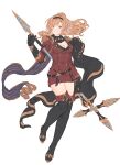  1girl :d belt black_gloves black_hairband blonde_hair blue_eyes boots breasts cleavage epaulettes gloves granblue_fantasy hairband highres holding holding_polearm holding_weapon looking_at_viewer polearm ponytail shimatani_azu smile spear thigh_boots thighs weapon zeta_(granblue_fantasy) 