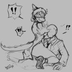 1:1 5_fingers anon_(snoot_game) anthro anthro_on_top bald blush bodily_fluids bone_frill breasts butt clothing crouching crown dinosaur dress duo ear_piercing ear_ring embarrassed exclamation_point eyewear faceless_character faceless_human faceless_male female female/female female_anthro female_on_top fingers footwear frill_(anatomy) gesture glasses goodbye_volcano_high hadrosaurid hair hand_on_shoulder hi_res high_heels human jacket long_tail looking_at_viewer looking_back looking_back_at_viewer male mammal monochrome naomi_(gvh) nayaa necktie on_top ornithischian parasaurolophus piercing plantigrade question_mark reptile ring_piercing scalie side_boob sitting snoot_game_(fan_game) split_dress straddling sweat sweatdrop tiara topwear waving waving_at_viewer waving_hand 