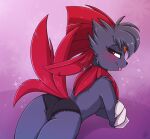  2019 anthro anthrofied bedroom_eyes biped blush breasts butt clothed clothing digital_media_(artwork) ear_piercing fang_the_weavile fangs female freckles fur generation_4_pokemon genitals hair half-closed_eyes hi_res looking_at_viewer looking_back looking_back_at_viewer mammal medium_breasts meggchan narrowed_eyes naughty_face nintendo piercing plantigrade pokemon pokemon_(species) pokemorph pussy red_eyes red_hair seductive signature smile solo teasing tongue tongue_out video_games weavile 