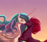  blue_hair blush broken_horn curved_horn duo ears_back equid equine eyelashes eyes_closed eyeshadow feathered_wings feathers female female/female feral feral_on_feral folded_wings friendship_is_magic fur hair hasbro horn horse kiss_on_lips kissing leaning lidded_eyes long_horn makeup mammal mohawk multicolored_hair my_little_pony my_little_pony:_the_movie_(2017) pink_hair pivoted_ears pony princess_celestia_(mlp) purple_body purple_fur quadruped shoulder_tuft silverwolf866 size_difference sunrise teal_eyes tempest_shadow_(mlp) tuft unicorn white_body white_feathers white_fur winged_unicorn wings yellow_eyeshadow 
