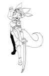  3_toes 4_fingers anthro armor bottomwear breastplate breasts canid canine chainmail claws clothed clothing digital_media_(artwork) feet female fingers fox fur headgear headwear helmet hi_res holding_object holding_sword holding_weapon looking_at_viewer mammal melee_weapon miakameron monochrome shaded simple_background smile snaggle_tooth solo standing sword toe_claws toes tongue tongue_out topwear weapon 