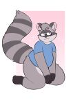  absurd_res anthro blue_eyes blush bottomless cat-boots clothed clothing covering covering_self eyewear facial_markings fur glasses grey_body grey_fur head_markings hi_res inner_ear_fluff male mammal markings mask_(marking) miles_(kamek_sans) procyonid raccoon shirt slightly_chubby solo sparkles striped_markings striped_tail stripes tail_markings thick_thighs topwear tuft 