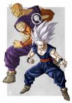  2boys antennae clenched_hand colored_skin dougi dragon_ball dragon_ball_super dragon_ball_super_super_hero fighting_stance frown gohan_beast highres kakeru_(dbskakeru) male_focus multiple_boys muscular muscular_male official_style orange_piccolo orange_skin piccolo pointy_ears red_eyes serious signature smile son_gohan toriyama_akira_(style) white_hair wristband 