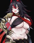  1girl absurdres alternate_costume asymmetrical_clothes bangs bare_shoulders belt black_hair blush breasts cleavage cosplay curvy dehya_(genshin_impact) dehya_(genshin_impact)_(cosplay) genshin_impact hair_between_eyes halterneck highres huge_breasts k_(kurenaiz1) kurenaiz1 long_hair looking_at_viewer messy_hair multicolored_hair original pale_skin pants plump red_eyes red_hair slit_pupils solo streaked_hair thick_thighs thighs tongue tongue_out yellow_eyes 