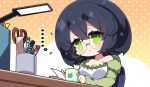  ... 1girl :&lt; bangs black_hair breasts chibi cleavage closed_mouth collarbone cup dress glasses green_eyes green_jacket hair_between_eyes highres holding holding_cup jacket kyoumachi_seika lamp large_breasts long_sleeves looking_at_viewer milkpanda mug off_shoulder open_clothes open_jacket orange_background pen pencil polka_dot polka_dot_background round_eyewear ruler scissors short_eyebrows sleeves_past_wrists solo strapless strapless_dress thick_eyebrows two-tone_background voiceroid white_background white_dress 