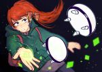  1girl 1other backpack bag black_background black_eyes blurry catfish_(pixiv_28197383) eyewear_removed green_jacket grey_skirt hair_ornament hairclip hand_tattoo highres infinity_train jacket long_hair one-one_(infinity_train) skirt sweatdrop tattoo tulip_olsen zipper 