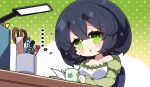  ... 1girl :&lt; bangs black_hair breasts chibi cleavage collarbone commentary_request cup dress green_background green_eyes green_jacket hair_between_eyes highres holding holding_cup jacket kyoumachi_seika lamp large_breasts long_sleeves looking_at_viewer milkpanda mug off_shoulder open_clothes open_jacket parted_lips pen pencil polka_dot polka_dot_background ruler scissors short_eyebrows sleeves_past_wrists solo strapless strapless_dress thick_eyebrows triangle_mouth two-tone_background voiceroid white_background white_dress 