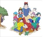  3girls 6+boys :d after_school_lessons_for_unripe_apples apple ball bashful_(disney) bashful_(disney)_(cosplay) bird bird_on_hand black_hair blue_bird brown_eyes brown_hair commentary_request cosplay crossdressing dopey_(disney) dopey_(disney)_(cosplay) earbuds earphones food fruit glasses green_apple happy_(disney) happy_(disney)_(cosplay) highres holding holding_food holding_fruit hwang_mi-ae i-han_song kim_cheol mo_jinseop mrh_cit multiple_boys multiple_girls musical_note nose_bubble outdoors queen_(snow_white) sitting sleepy_(disney) sleepy_(disney)_(cosplay) smile sneezy_(disney) sneezy_(disney)_(cosplay) snow_white_(disney) snow_white_(disney)_(cosplay) snow_white_and_the_seven_dwarfs soccer_ball tree white_background 