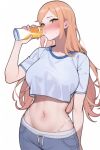  1girl ai-generated bangs blonde_hair blush breasts chinese_commentary collarbone commentary_request crop_top drinking grey_pants holding large_breasts long_hair looking_at_viewer navel nose_blush original pants shirt short_sleeves simple_background solo standing stomach upper_body white_background white_shirt xiumu_bianzhou 