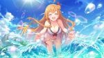  1girl bikini blue_eyes blue_sky closed_eyes flower hair_flower hair_ornament ocean official_art open_mouth orange_hair pecorine_(princess_connect!) pecorine_(summer)_(princess_connect!) princess_connect! sky swimsuit water 