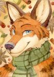  2022 akatan_art anthro blue_eyes bust_portrait canid canine cheek_tuft closed_smile dated facial_tuft fox fur glistening glistening_eyes green_scarf head_tuft hi_res looking_at_viewer male mammal mouth_closed orange_body orange_fur pattern_background portrait scarf signature simple_background solo tan_body tan_fur tan_inner_ear tuft 