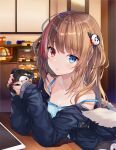  1girl artist_name bangs bare_shoulders blue_camisole blue_eyes blue_jacket blush breasts brown_hair camisole cleavage collarbone commentary cup english_commentary fur-trimmed_jacket fur_trim hair_between_eyes hair_ornament heterochromia highres hitsukuya holding holding_cup jacket long_hair long_sleeves looking_at_viewer looking_to_the_side mug multicolored_hair off_shoulder original outdoors penguin_hair_ornament print_mug red_eyes red_hair signature sleeves_past_wrists small_breasts snow solo streaked_hair themed_object white_hair 