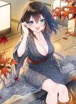  1girl :d autumn_leaves bangs blue_eyes blush breasts brown_hair cleavage green_eyes grey_kimono hair_between_eyes heterochromia japanese_clothes kimono large_breasts looking_at_viewer original red_sash sash signature sitting smile soaking_feet solo twitter_username wooden_floor yoruhoshi_owl 