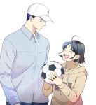  1boy 1girl after_school_lessons_for_unripe_apples ahoge ball baseball_cap black_hair blue_shirt bob_cut brown_hoodie hat highres holding holding_ball hood hood_down hoodie hwang_mi-ae kim_cheol looking_at_another mrh_cit scar scar_on_face shirt short_hair simple_background smile soccer_ball upper_body white_background white_headwear 