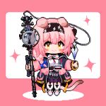  1girl animal_ears arknights black_hairband black_jacket black_skirt blue_bow blush_stickers bow braid cat_ears cat_girl cat_tail closed_mouth commentary_request frilled_skirt frills full_body garter_straps goldenglow_(arknights) hair_bow hair_over_shoulder hairband holding holding_staff jacket lightning_bolt_print long_hair long_sleeves looking_at_viewer open_clothes open_jacket orange_eyes pink_background pink_footwear pink_hair pixel_art print_hairband seu-i shadow shirt shoes single_braid skirt smile solo sparkle staff tail thighhighs two-tone_background white_background white_shirt white_thighhighs 