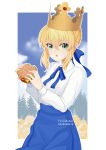  1girl :o absurdres ahoge artist_name artoria_pendragon_(fate) bangs blonde_hair blue_bow blue_ribbon blue_skirt bow braid breasts burger collared_shirt cowboy_shot crown fate/grand_order fate_(series) felixkohai food green_eyes hair_bow highres holding holding_food large_breasts long_sleeves looking_at_viewer neck_ribbon open_mouth outline ribbon saber shirt shirt_tucked_in skirt solo white_background white_outline white_shirt 
