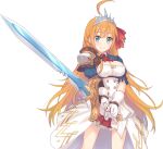  armor blue_eyes chair crown gloves holding holding_sword holding_weapon long_hair office_chair orange_hair pauldrons pecorine_(princess_connect!) princess_connect! shoulder_armor single_pauldron skirt sword tachi-e transparent_background weapon 